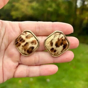 4/$100 leopard print real furr hair clip  on vintage earrings